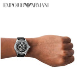 Emporio Armani Renato Chronograph Automatic Black Dial Black Leather Strap Watch For Men - AR60051