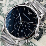 Buy Shop Emporio Armani Luigi Black Dial Silver Mesh Bracelet Watch For Men - AR8032 USA Online
