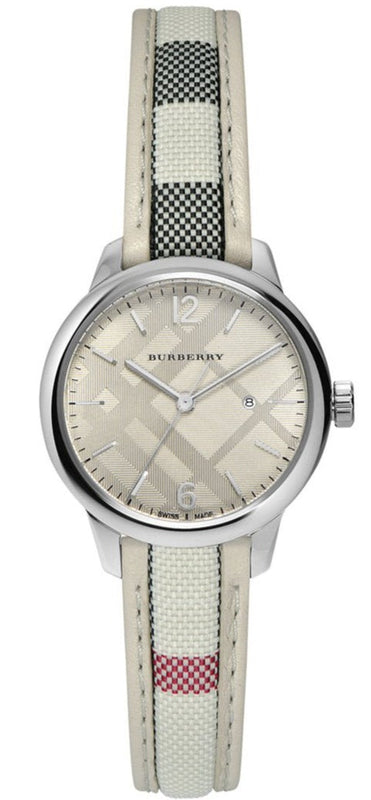 Buy Shop Burberry The Classic Guilloche Silver Dial Grey Leather Strap Watch for Women - BU10113 USA Online
