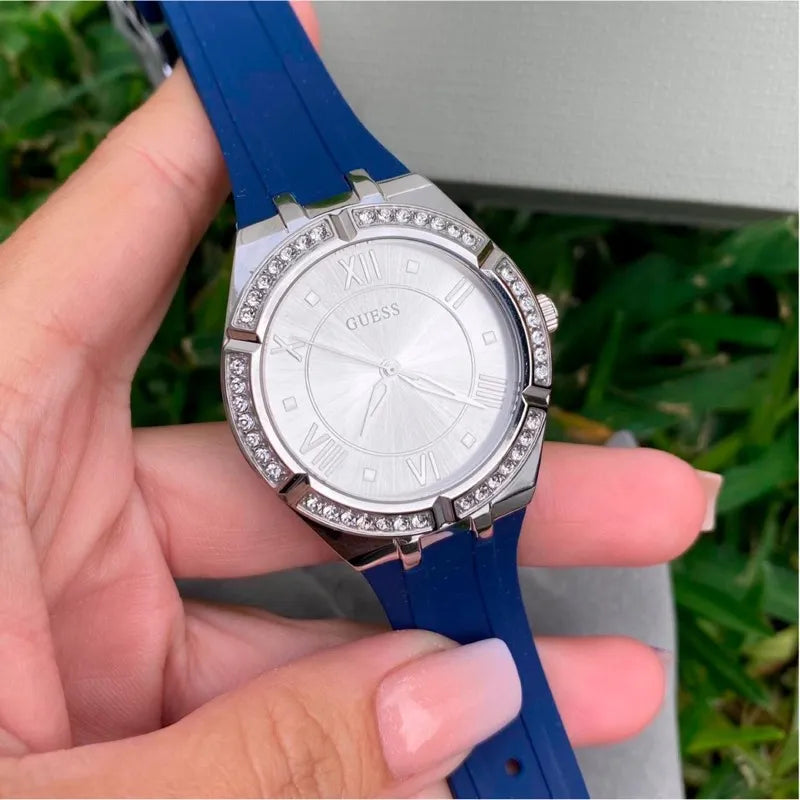 Buy Shop Guess Cosmo Diamonds Silver Dial Blue Rubber Strap Watch for Women - GW0034L5 USA Online