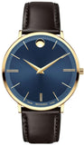 Movado Ultra Slim Blue Dial Brown Leather Strap Watch For Men - 0607088