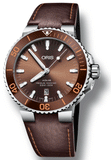 Oris Aquis Date Brown Dial Brown Leather Strap Watch for Men - 0173377304152-0752412EB