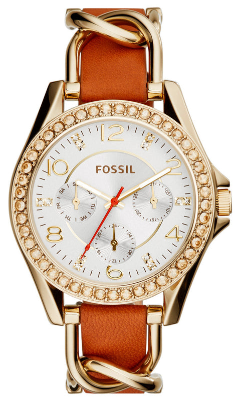 Buy Shop Fossil Riley Multifunction White Dial Orange Leather Strap Watch for Women - ES3723 USA Online