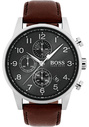 Hugo Boss Navigator Grey Dial Brown Leather Strap Watch for Men - 1513494