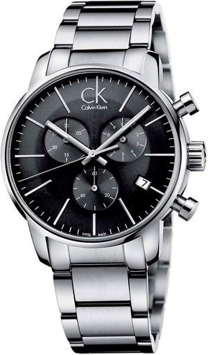 Calvin Klein City Chronograph Black Dial Silver Steel Strap Watch for Men - K2G27143