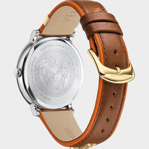 Buy Shop Versace V-Circle Quartz Mother of Pearl Dial Brown Leather Strap Watch for Women - VBP03017 USA Online