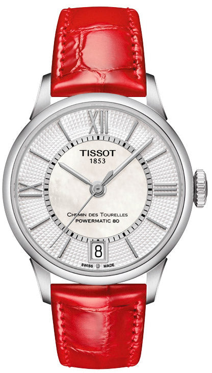 Buy Shop Tissot Chemin Des Tourelles Powermatic 80 Mother of Pearl White Dial Red Leather Strap Watch For Women - T099.207.16.118.00 USA Online