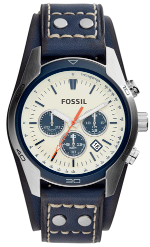 Fossil Coachman Chronograph White Dial Blue Leather Strap Watch for Men - CH3051