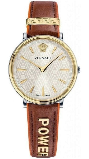 Buy Shop Versace V-Circle Quartz Mother of Pearl Dial Brown Leather Strap Watch for Women - VBP03017 USA Online