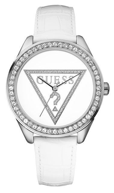 Buy Shop Guess Mini Triangle Quartz Diamonds Silver Dial White Leather Strap Watch For Women - W65006L1 USA Online