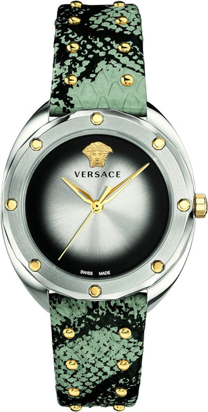 Versace Shadov Quartz Silver Dial Snakeskin Green Leather Strap Watch for Women - VEBM00718