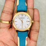 Burberry Heritage Gold Dial Blue Leather Strap Watch for Women - BU9112