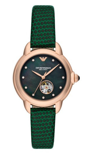 Buy Shop Emporio Armani Mia Meccanico Mother of Pearl Dial Green Leather Strap Watch for Women - AR60073 USA Online