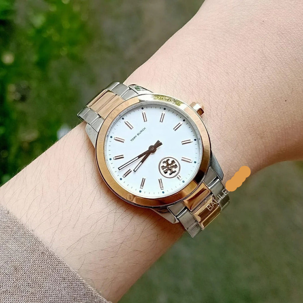 Buy Shop Tory Burch Collins White Dial Two Tone Steel Strap Watch for Women - TBW1305 USA Online