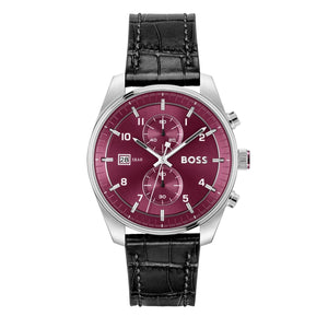 Buy Shop Hugo Boss Skytraveller Chronograph Burgundy Red Dial Black Leather Strap Watch for Men - 1514193 USA Online
