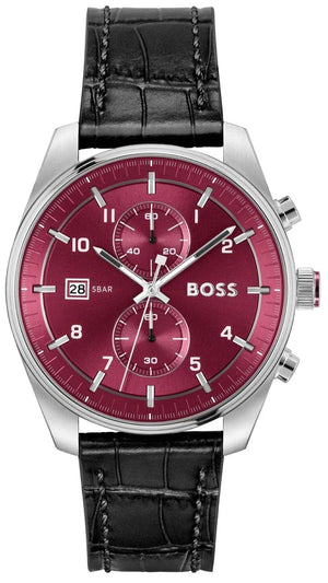 Buy Shop Hugo Boss Skytraveller Chronograph Burgundy Red Dial Black Leather Strap Watch for Men - 1514193 USA Online