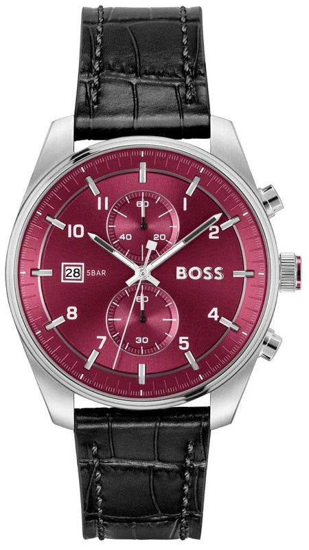 Buy Shop Hugo Boss Skytraveller Chronograph Burgundy Red Dial Black Leather Strap Watch for Men - 1514193 USA Online