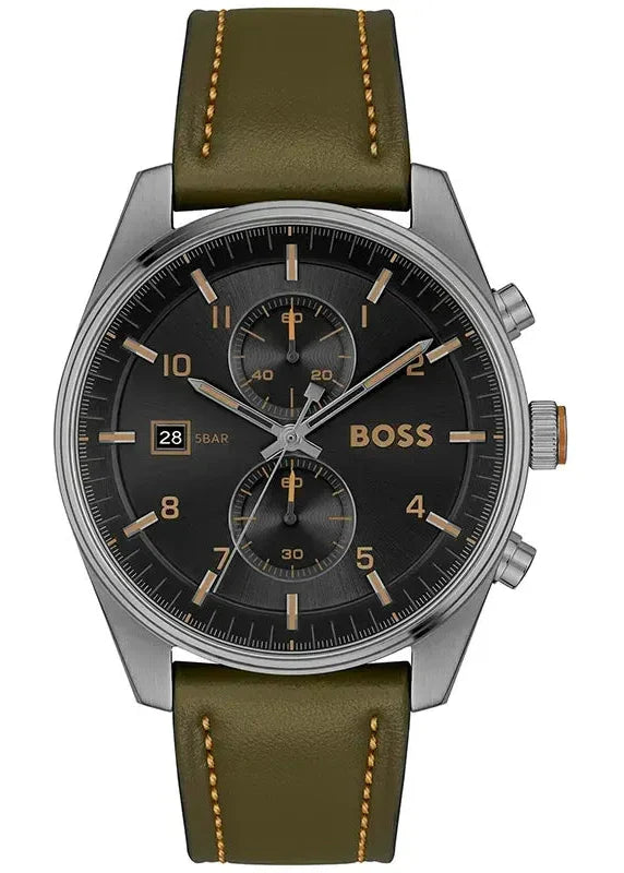 Buy Shop Hugo Boss Skytraveller Chronograph Black Dial Green Leather Strap Watch for Men - 1514148 USA Online