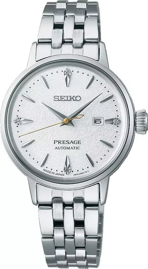 Seiko Presage Cocktail Time Automatic Diamonds White Dial Silver Steel Strap Watch for Women - SRE017J1