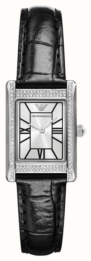Buy Shop Emporio Armani Two Hand Crystals Silver Dial Black Leather Strap Watch for Women - AR11623 USA Online