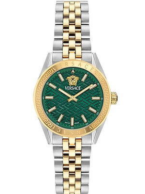 Versace V-Code Analog Green Dial Two Tone Steel Strap Watch for Women - VE8I00424