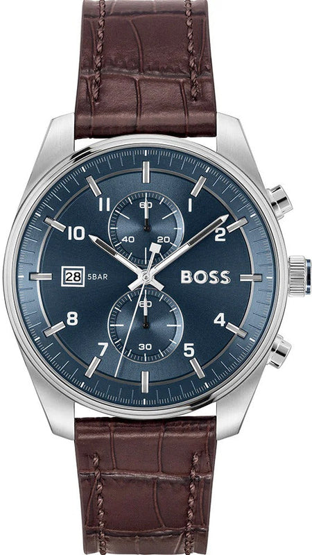 Buy Shop Hugo Boss Skytraveller Chronograph Blue Dial Brown Leather Strap Watch for Men - 1514194 USA Online