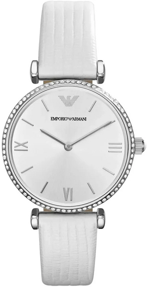 Buy Shop Emporio Armani Gianni T-Bar Silver Dial White Leather Strap Watch for Women - AR1680 USA Online