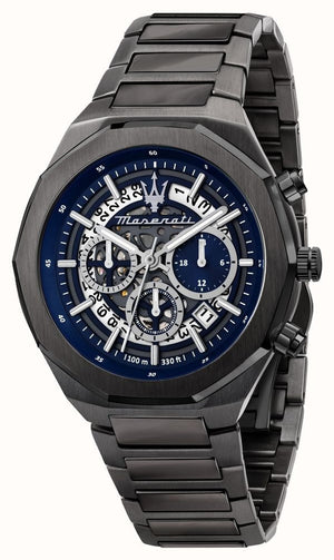 Buy Shop Maserati Stile Skeleton Chronograph Blue Dial Grey Steel Strap Watch for Men - R8873642012 USA Online