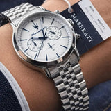 Buy Shop Maserati Epoca Chronograph White Dial Silver Steel Strap Watch for Men - R8873618034 USA Online
