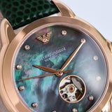 Buy Shop Emporio Armani Mia Meccanico Mother of Pearl Dial Green Leather Strap Watch for Women - AR60073 USA Online