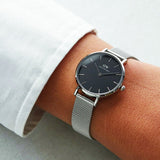 Buy Shop Daniel Wellington Petite Sterling Black Dial Silver Mesh Bracelet Watch For Women - DW00100218 USA Online