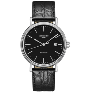 Buy Shop Longines Presence 38.5mm Automatic Black Dial Black Leather Strap Watch for Men - L4.921.4.52.2 USA Online