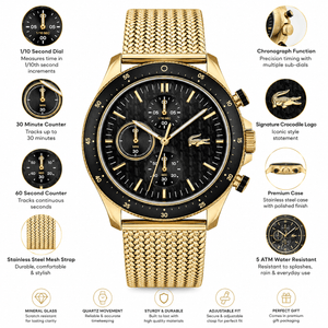Buy Shop Lacoste Neoheritage Chronograph Black Dial Gold Mesh Strap Watch for Men - 2011254 USA Online