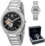 Buy Shop Maserati Stile Skeleton Automatic Black Dial Silver Steel Strap Watch For Men - R8823142002 USA Online