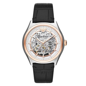 Buy Shop Emporio Armani Zeta Skeleton Automatic Silver Dial Black Leather Strap Watch For Men - AR60018 USA Online