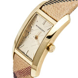 Burberry Pioneer Gold Dial Haymarket Beige Leather Strap Watch for Women - BU9509