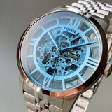 Buy Shop Fossil Townsman Automatic Skeleton Blue Dial Silver Steel Strap Watch for Men - ME3073 USA Online