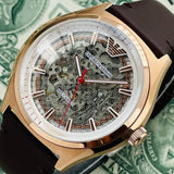 Buy Shop Emporio Armani Meccanico White Skeleton Dial Brown Leather Strap Watch For Men - AR60005 USA Online
