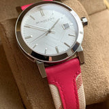 Buy Shop Burberry The City White Dial Haymarket Pink Leather Strap Watch for Women - BU9149 USA Online