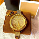 Buy Shop Michael Kors Slim Runway Crystals Gold Dial Gold Steel Strap Watch for Women - MK3632 USA Online