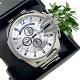 Diesel Mega Chief Chronograph Silver Dial Silver Steel Strap Watch For Men - DZ4477