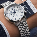 Buy Shop Maserati Epoca Chronograph White Dial Silver Steel Strap Watch for Men - R8873618034 USA Online