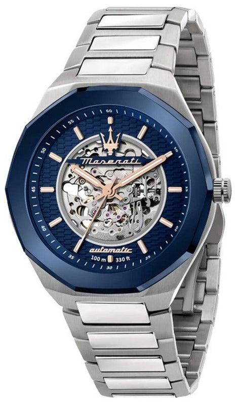 Buy Shop Maserati Stile Automatic Skeleton Silver Dial Silver Steel Strap Watch For Men - R8823142004 USA Online