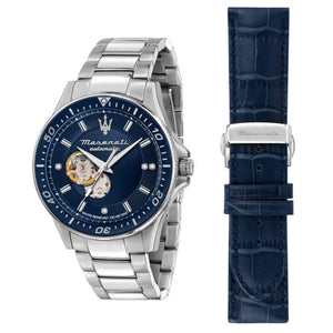 Buy Shop Maserati SFIDA Automatic Skeleton Blue Dial Silver Steel Strap Watch For Men - R8823140007 USA Online