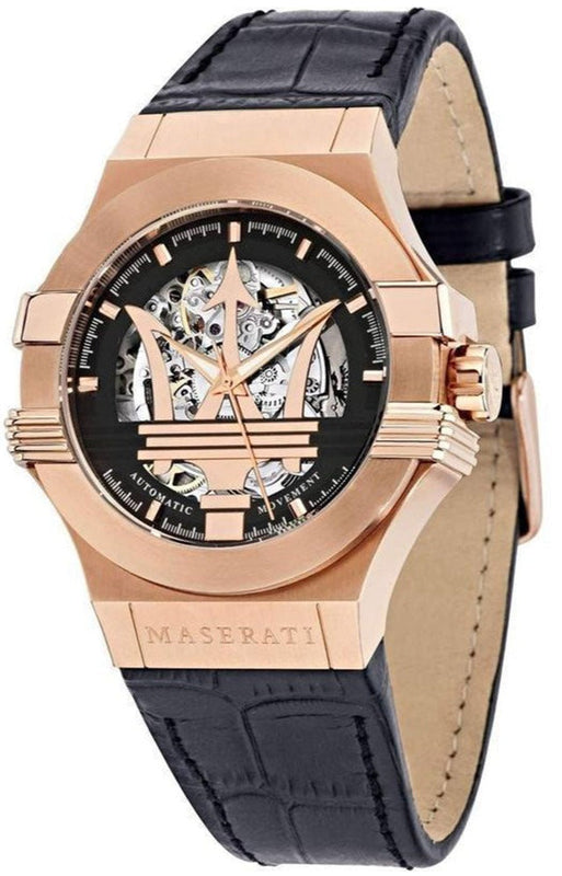 Buy Shop Maserati Potenza Automatic Rose Gold Dial Black Leather Strap Watch For Men - R8821108002 USA Online