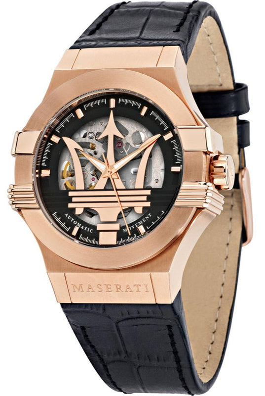 Buy Shop Maserati Potenza Automatic Skeleton Black Dial Black Leather Strap Watch For Men - R8821108039 USA Online