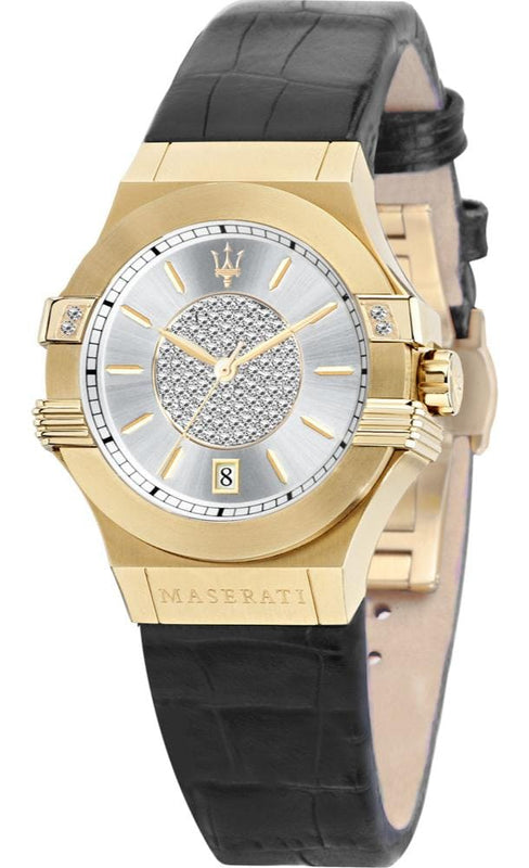 Buy Shop Maserati Potenza Diamonds Silver Dial Black Leather Strap Watch For Women - R8851108505 USA Online