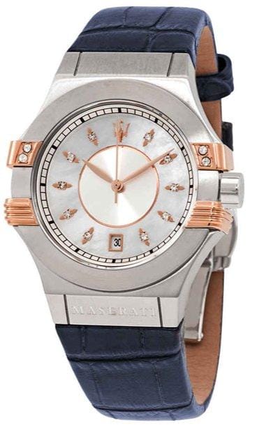 Buy Shop Maserati Potenza Diamonds Silver Dial Blue Leather Strap Watch For Women - R8851108502 USA Online