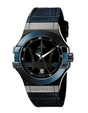 Buy Shop Maserati Potenza Black Dial 42mm Blue Leather Strap Watch For Men - R8851108007 USA Online