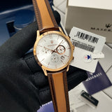 Buy Shop Maserati Ricordo Chronograph Silver Dial Brown Leather Strap Watch For Men - R8871633002 USA Online